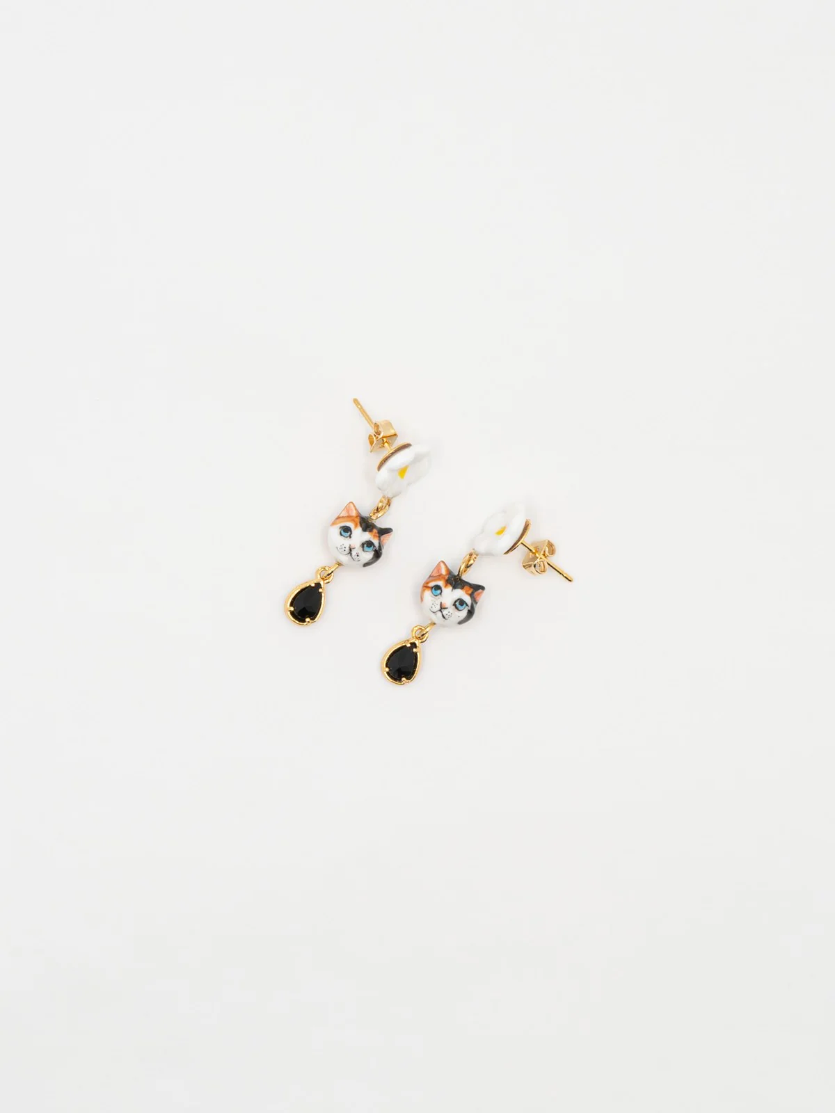 Boucles d'oreilles chat & fleur avec pampille