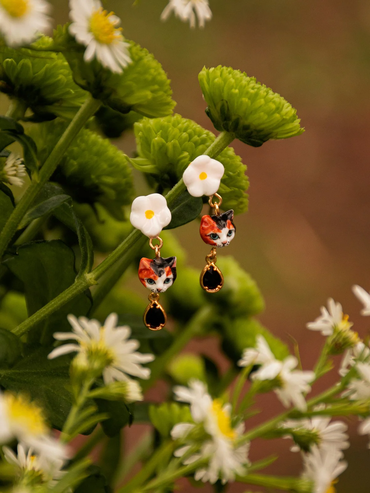 Boucles d'oreilles chat & fleur avec pampille - Image 5