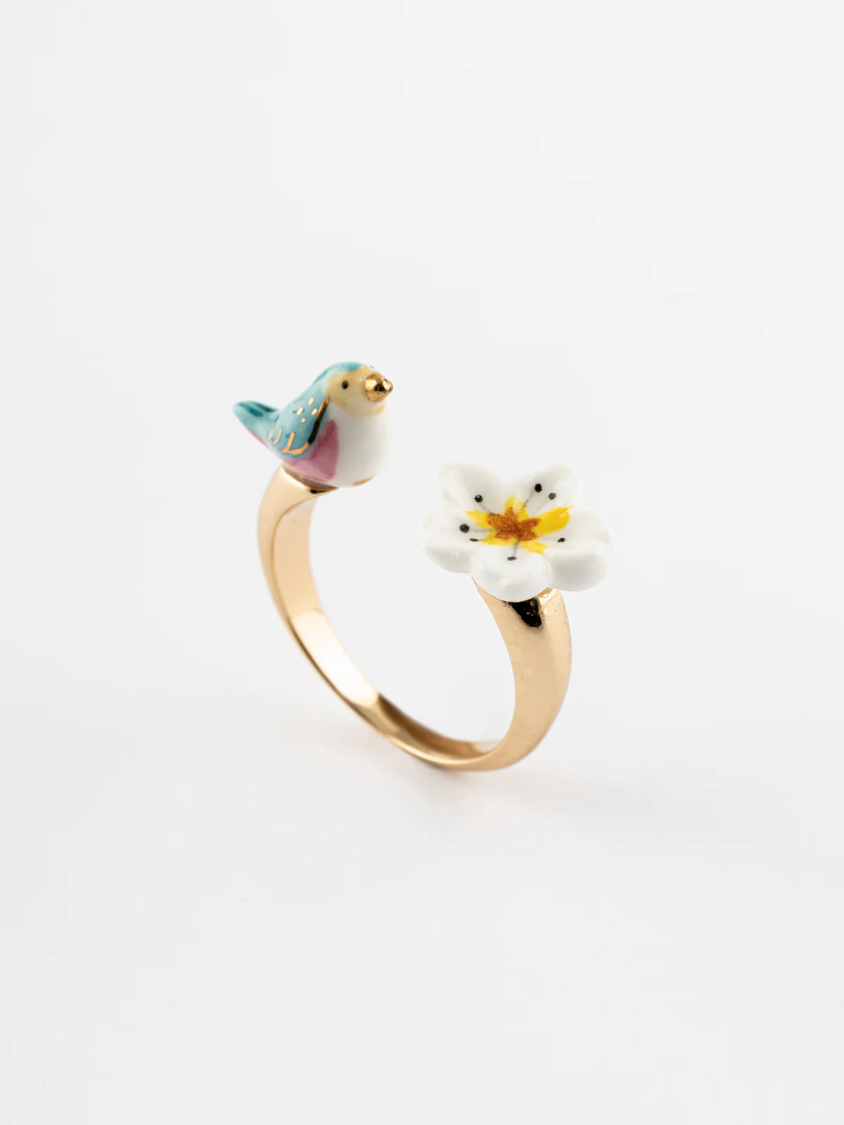 Bague FaceToFace oiseau bleu et fleur de poirier