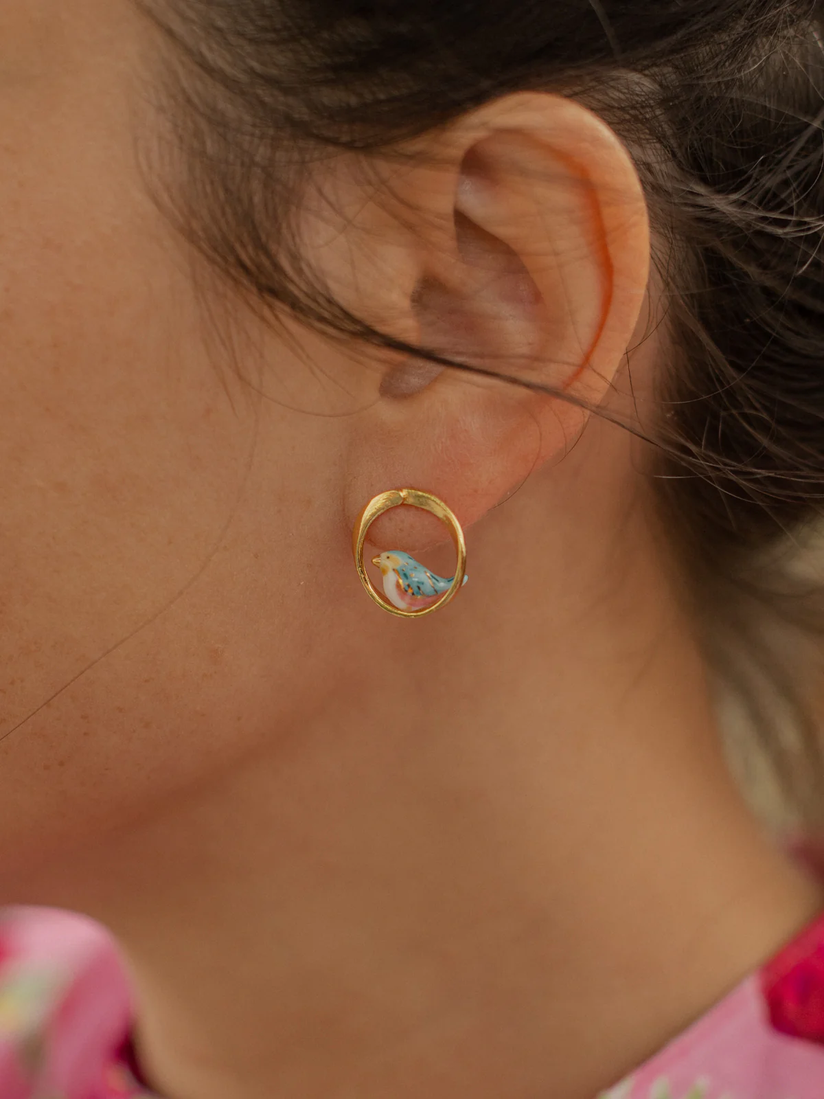 Boucles d'oreilles puces rondes - Oiseau bleu - Image 2