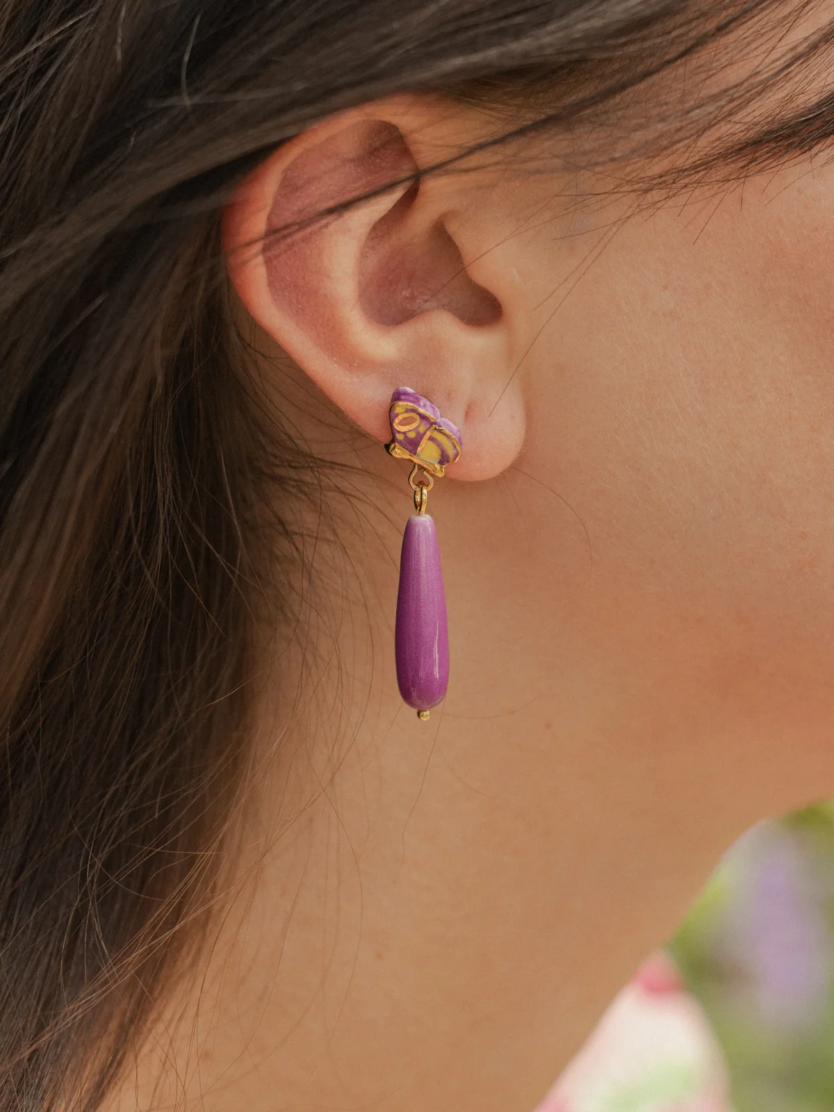 Boucles d'oreilles papillon violet & goutte - Image 2