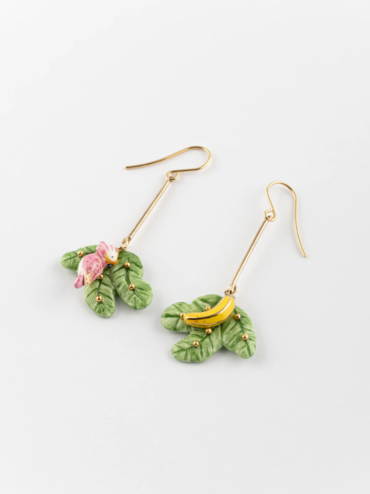 Boucles d'oreilles feuilles de bananier, cacatoès & banane