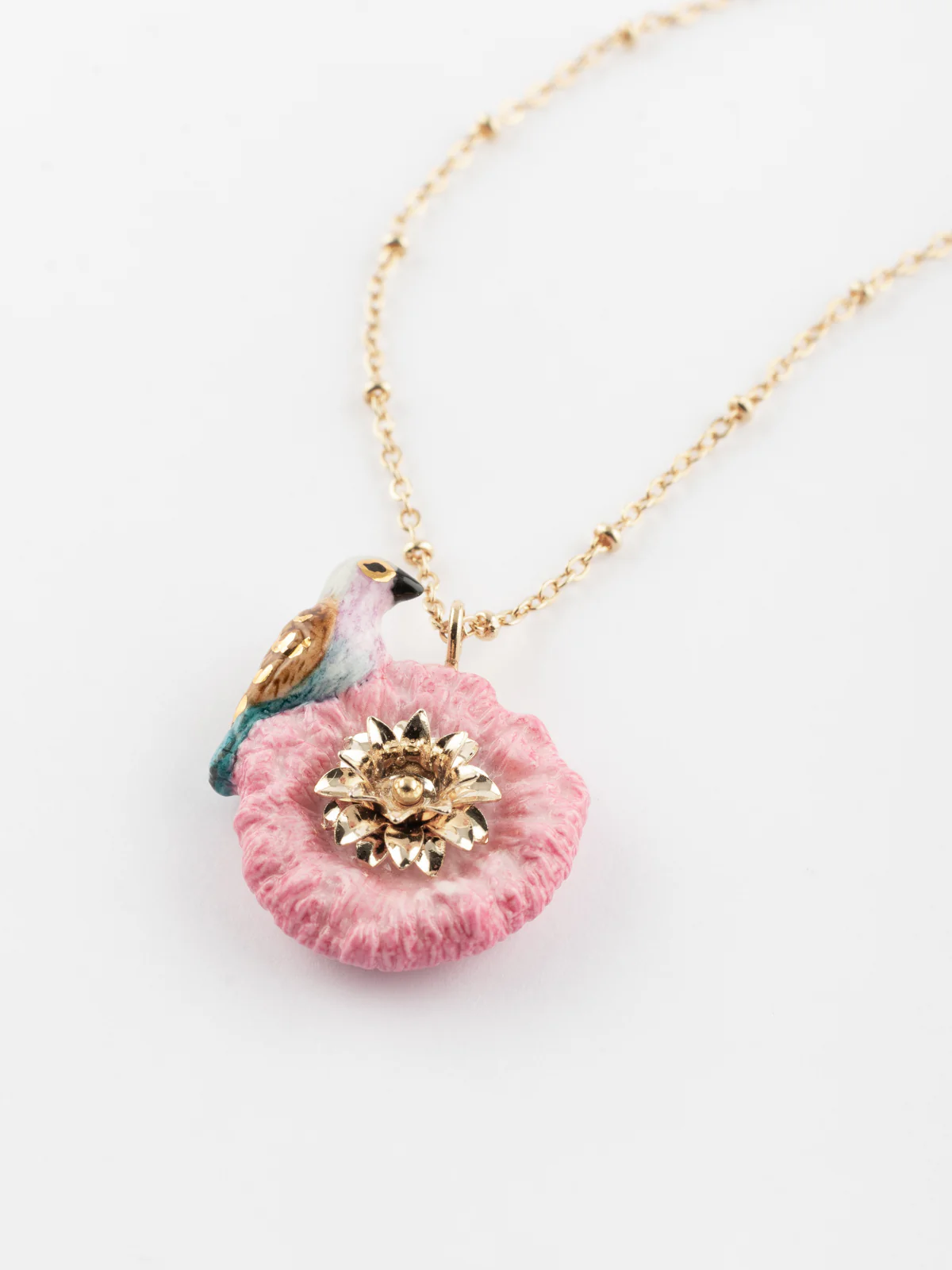 Collier chardon rose & oiseau Rollier