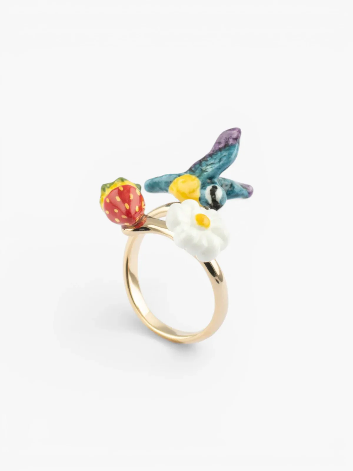 Bague mésange, fleur et fraise