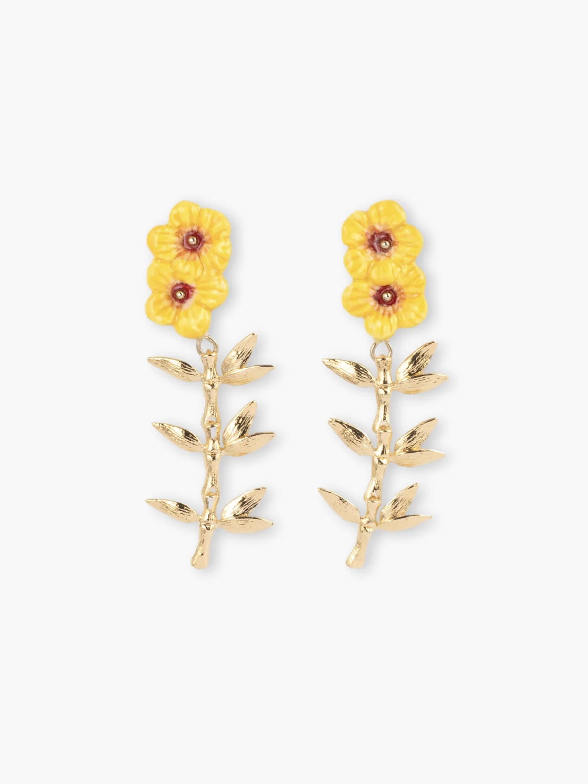 Boucles d’oreilles pendantes double hibiscus et feuilles