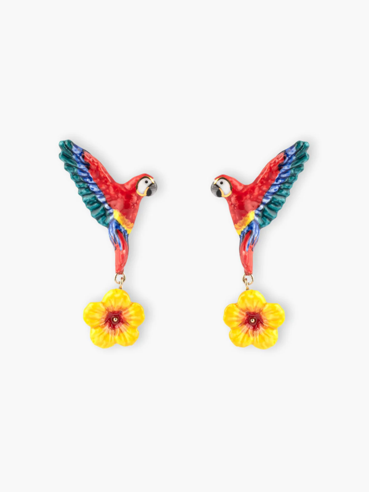 Boucles d’oreilles pendantes perroquet volant et hibiscus