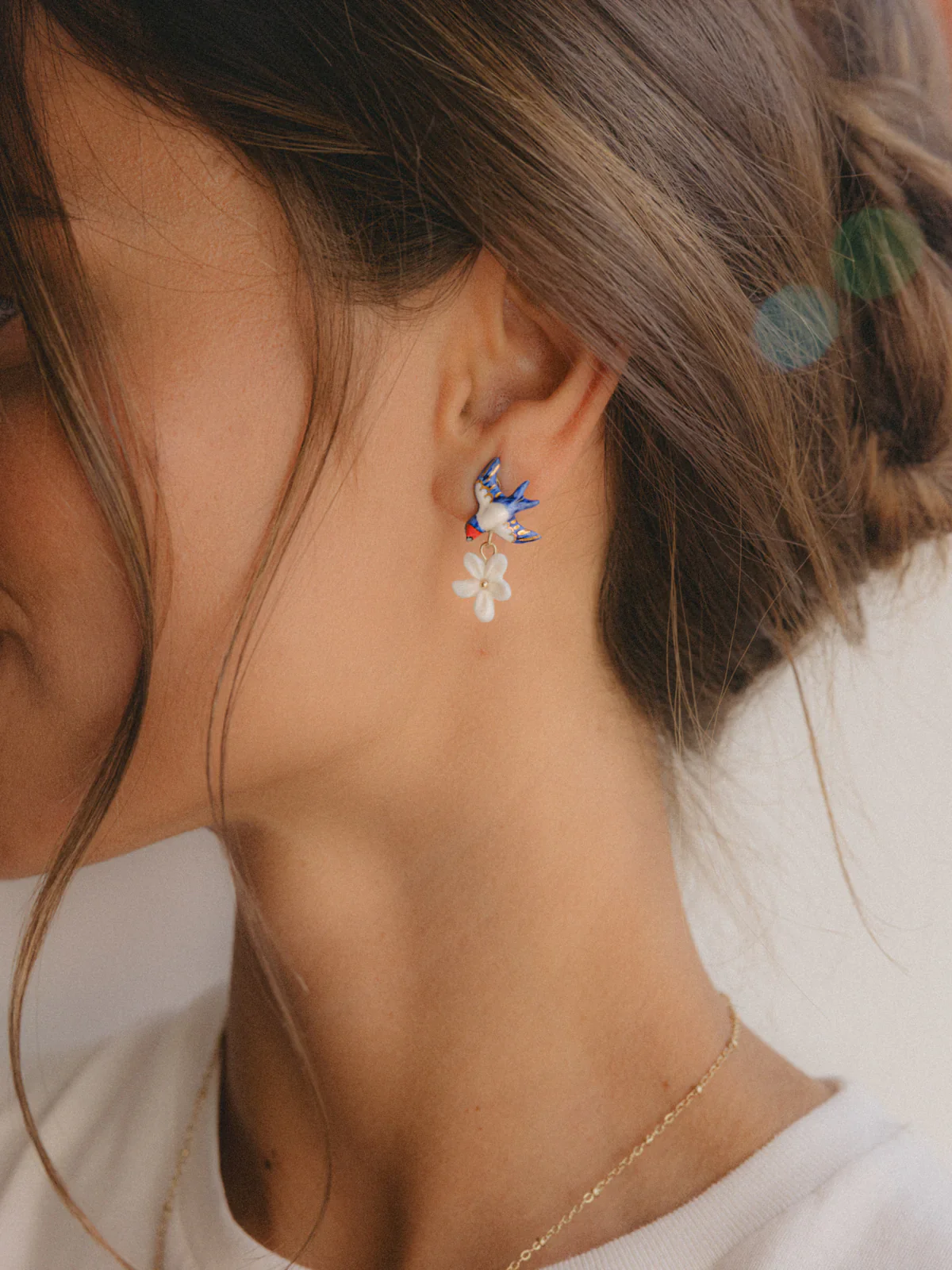 Boucles d'oreilles hirondelle, orange et fleur - Image 3
