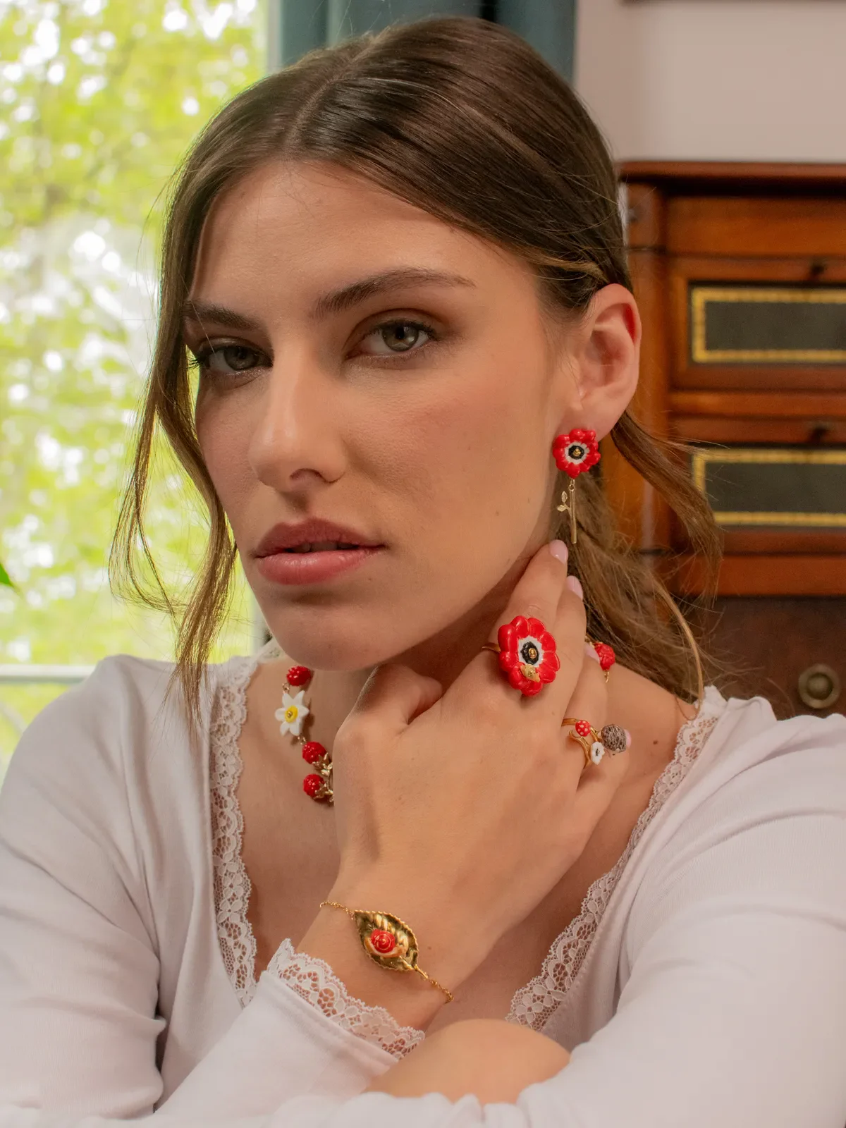 Boucles d'oreilles pendantes anémone rouge - Image 2