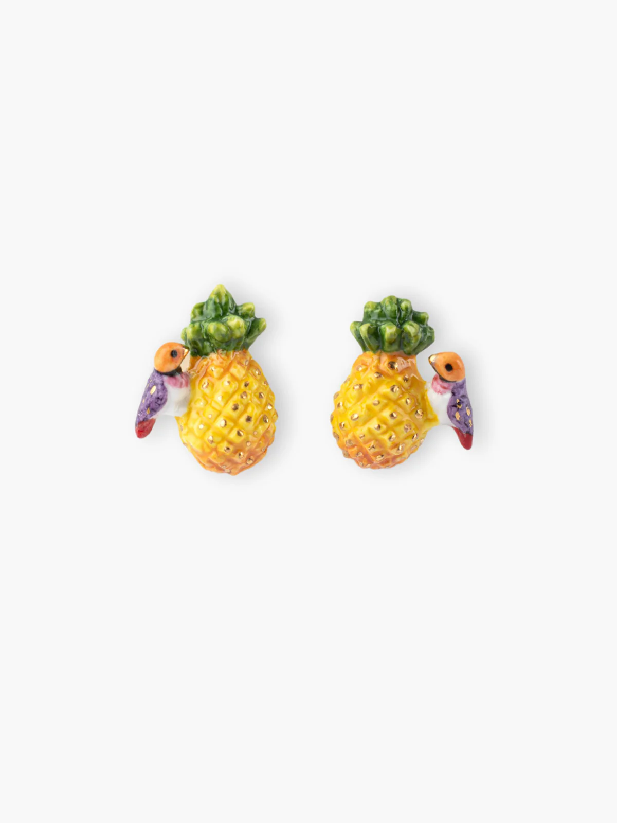 Boucles d'oreilles puces - Ananas et oiseau diamant de Gould