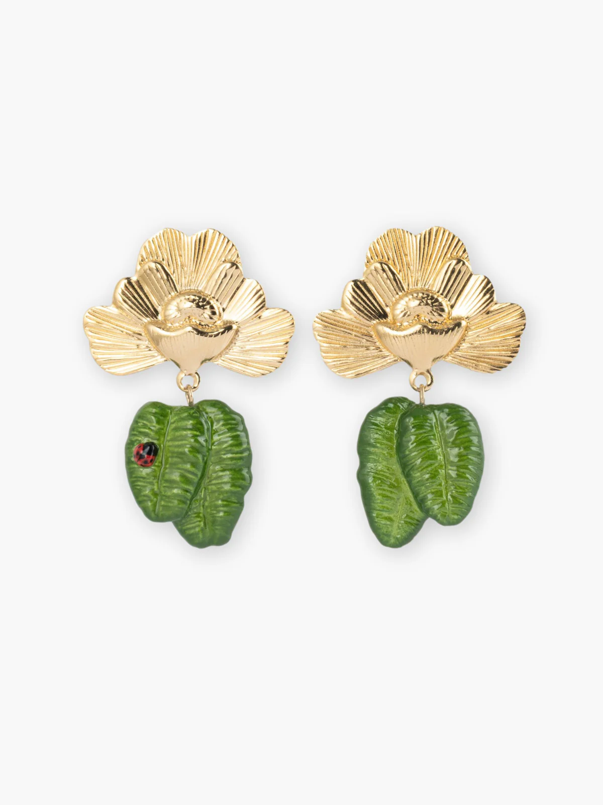 Boucles d'oreilles pendantes - Fleurs et coccinelle