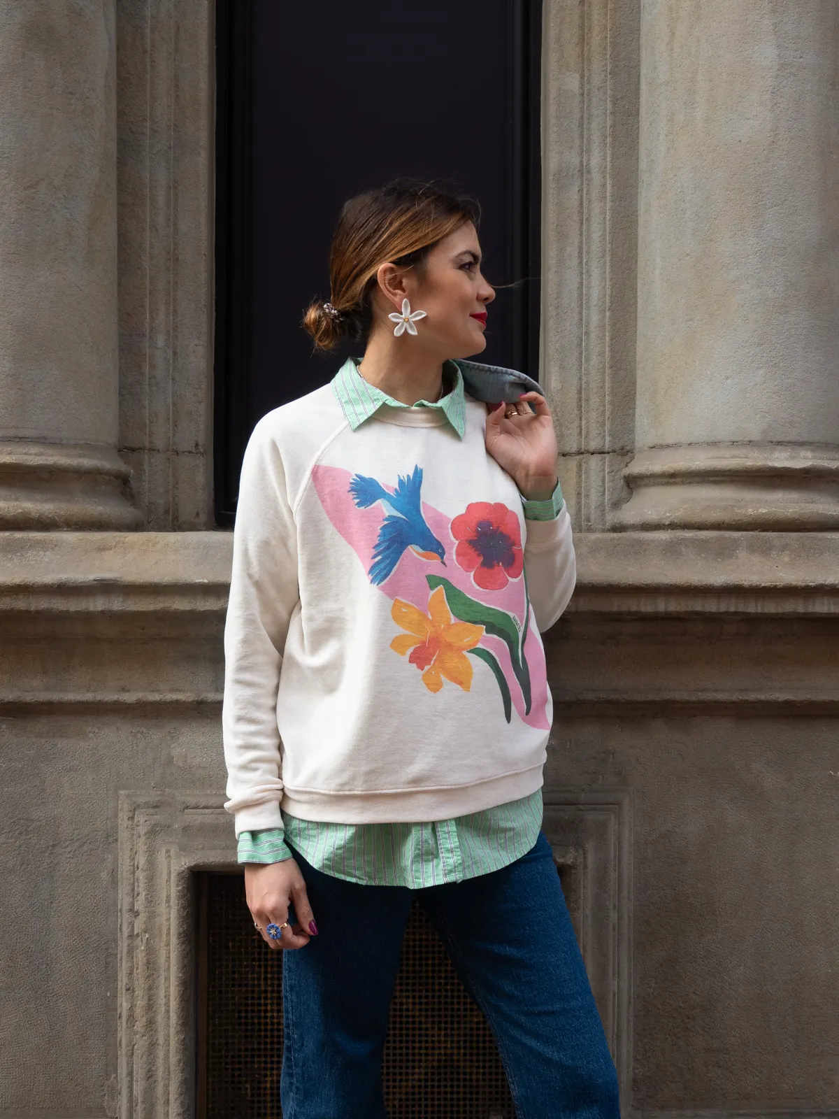 Sweatshirt en Éponge – Oiseau Paruline et Fleurs - Image 3