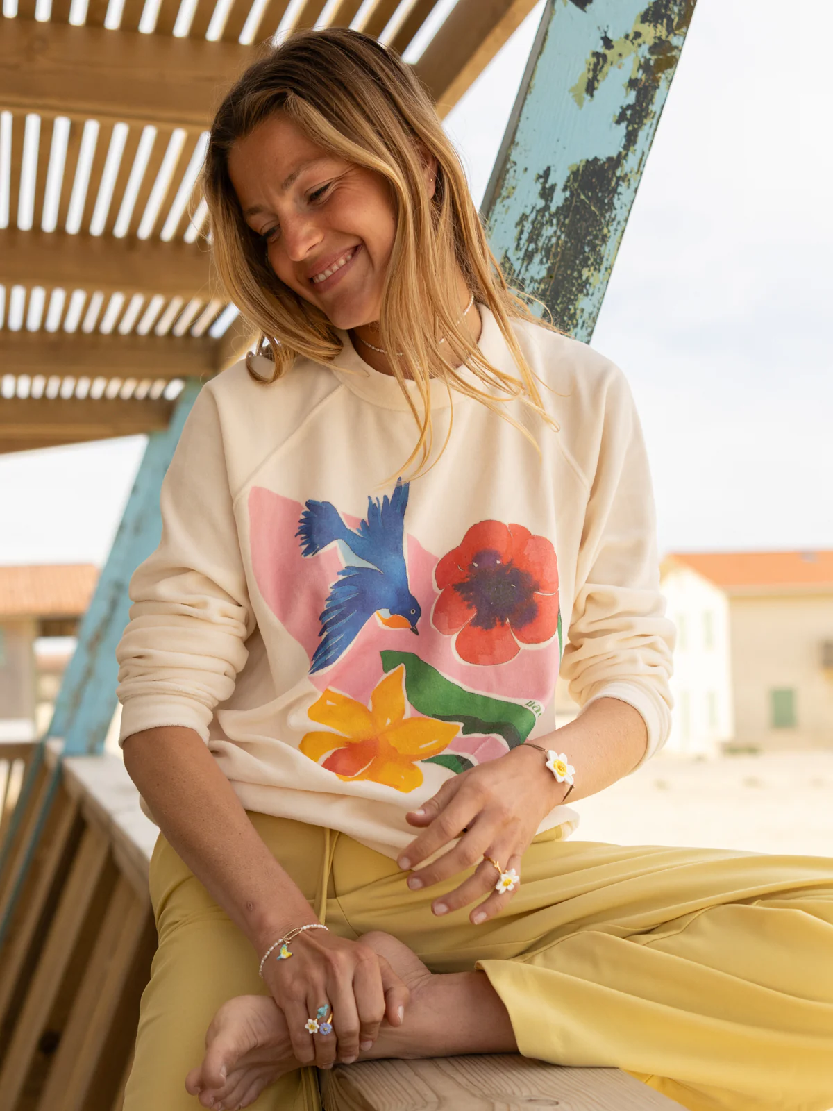 Sweatshirt en Éponge – Oiseau Paruline et Fleurs - Image 4