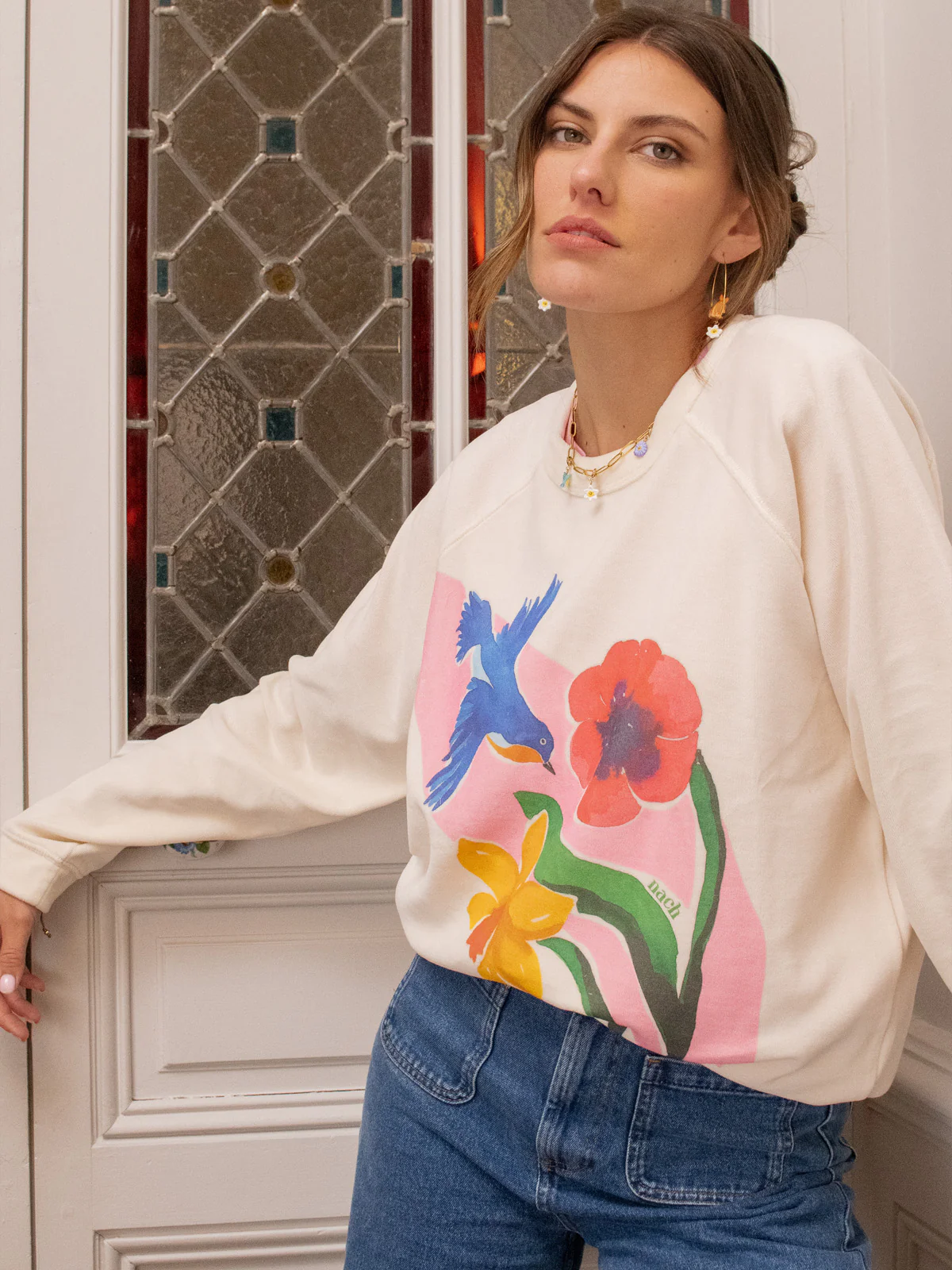 Sweatshirt en Éponge – Oiseau Paruline et Fleurs - Image 6